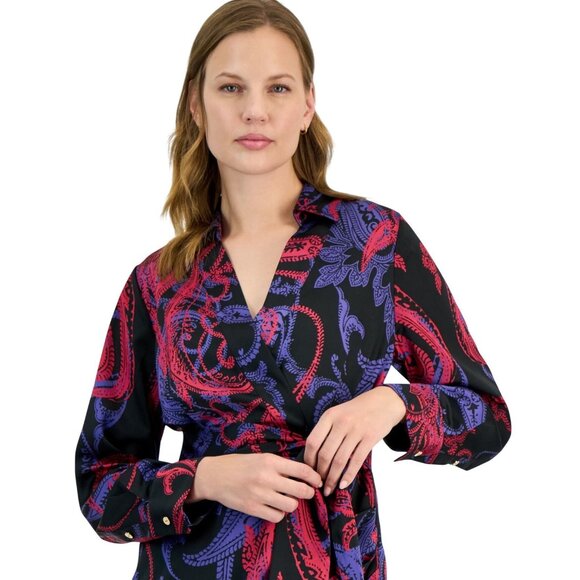 Tahari ASL Womens Tie Front Faux-Wrap Dress Black Cobalt Size 8 MSRP $139 - Picture 4 of 4